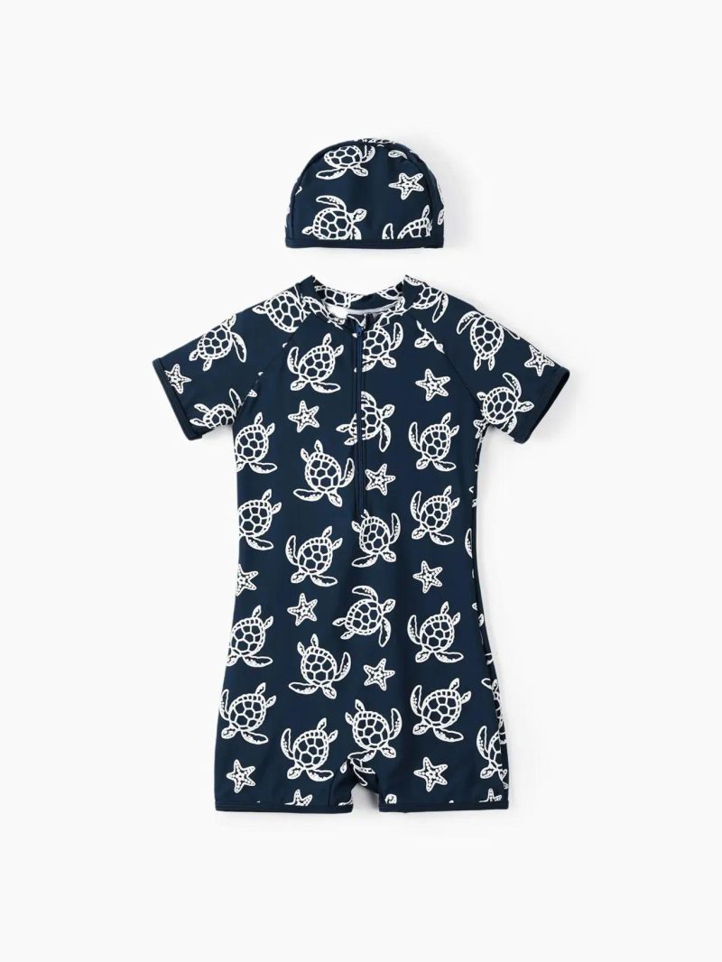 Swimwear | Girls|Boys 2pcs Marine Animal Print Swimsuit with Swimming Cap Deep Blue