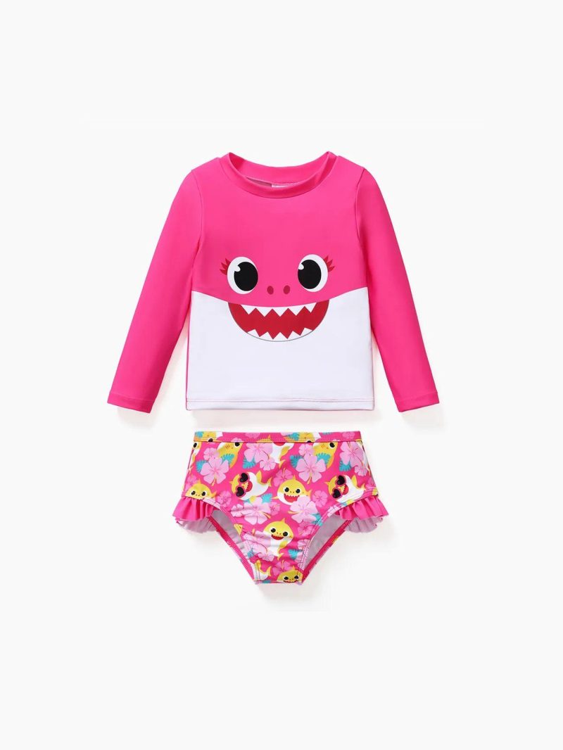 Swimwear | Girls|Toddler Girls Baby Shark 2pcs Long-sleeve Top and Shorts Swimsuit Dark Pink