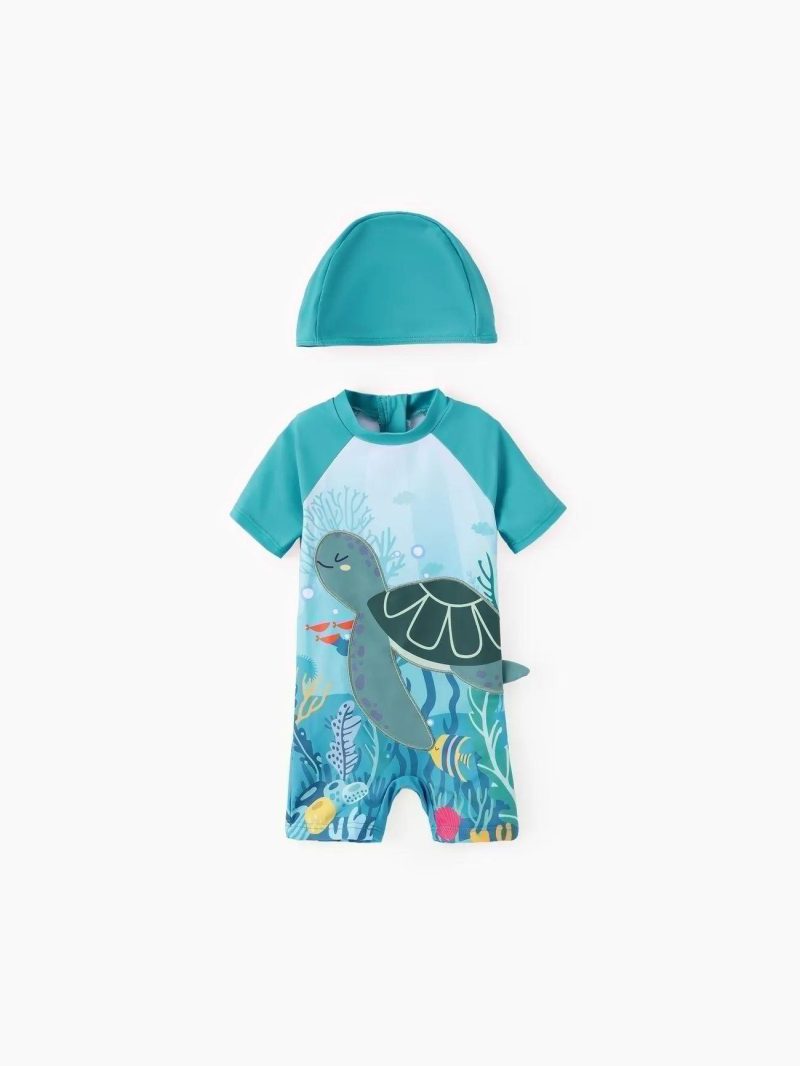 Swimwear | Toddler Boys Animal Print Swimsuits with Cap Green|Deep Blue