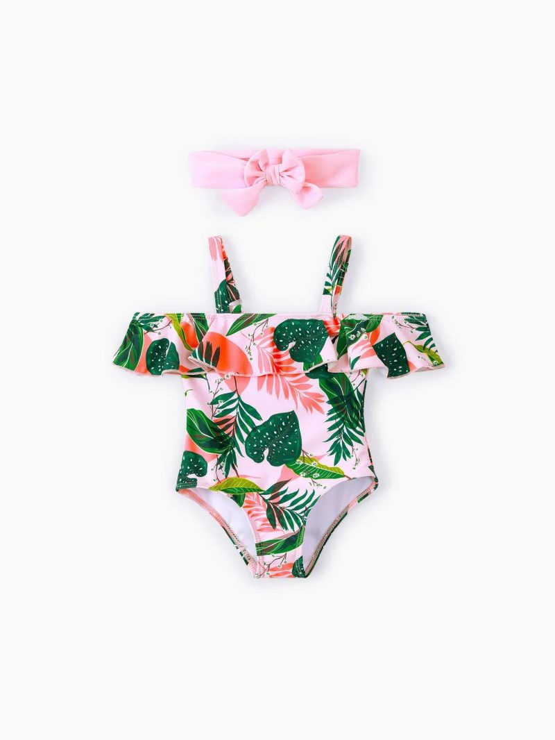 Swimwear | Toddler Girls 2pcs Floral Print Ruffled Swimsuit with Headband Green