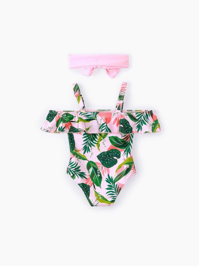 Swimwear | Toddler Girls 2pcs Floral Print Ruffled Swimsuit with Headband Green