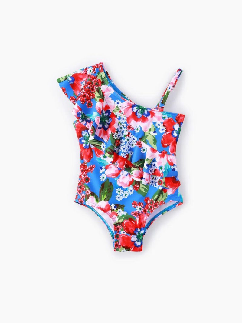 Swimwear | Toddler Girls Floral Print One Shoulder Ruffled Swimsuit Blue