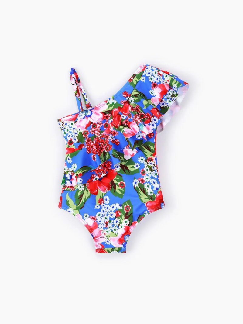 Swimwear | Toddler Girls Floral Print One Shoulder Ruffled Swimsuit Blue