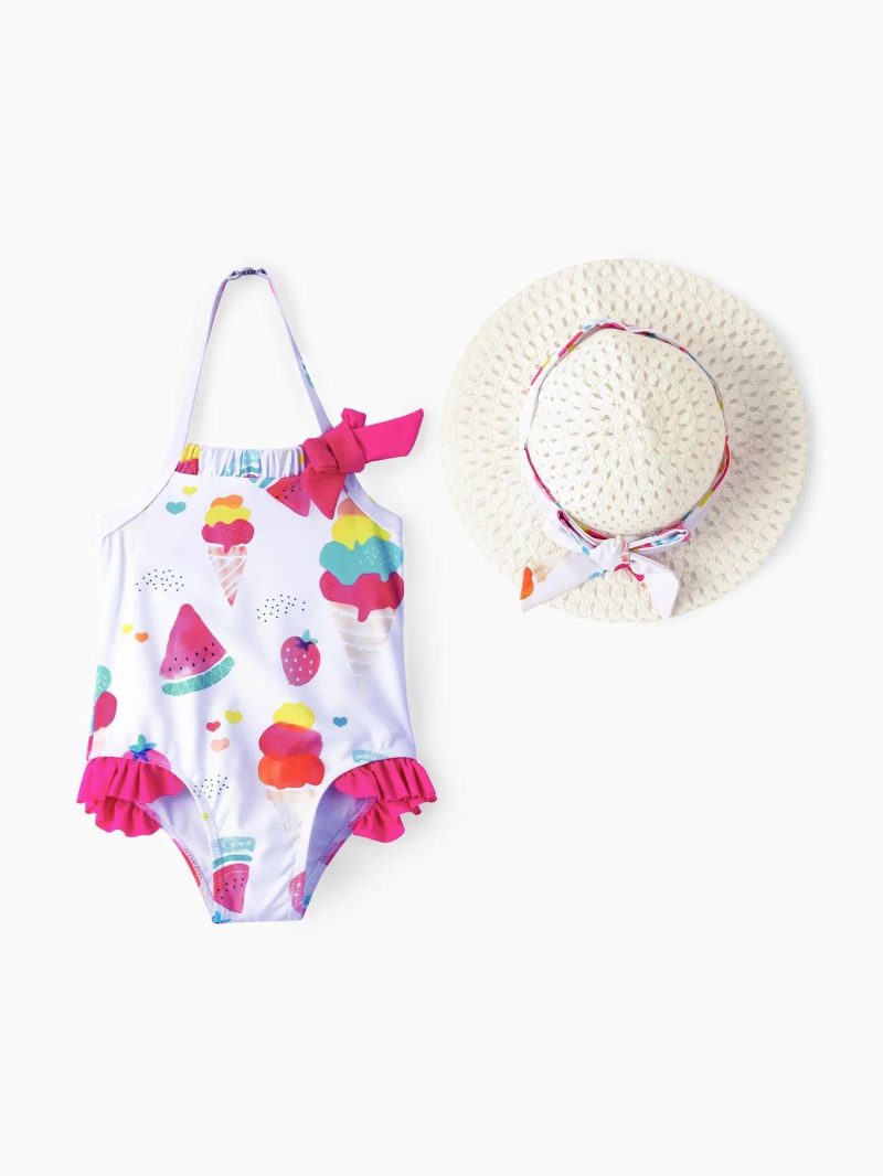 Swimwear | Toddler Girls Food Print Halter Ruffled Swimsuit with Hat Pink