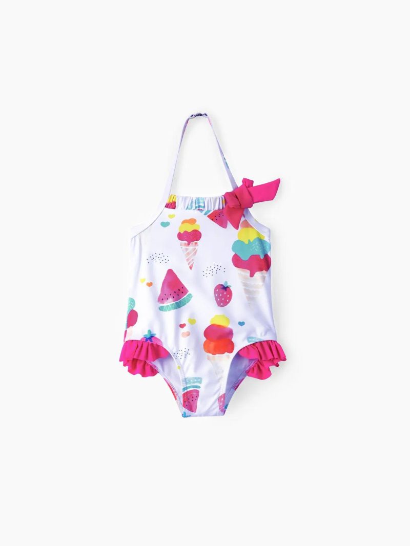 Swimwear | Toddler Girls Food Print Halter Ruffled Swimsuit with Hat Pink