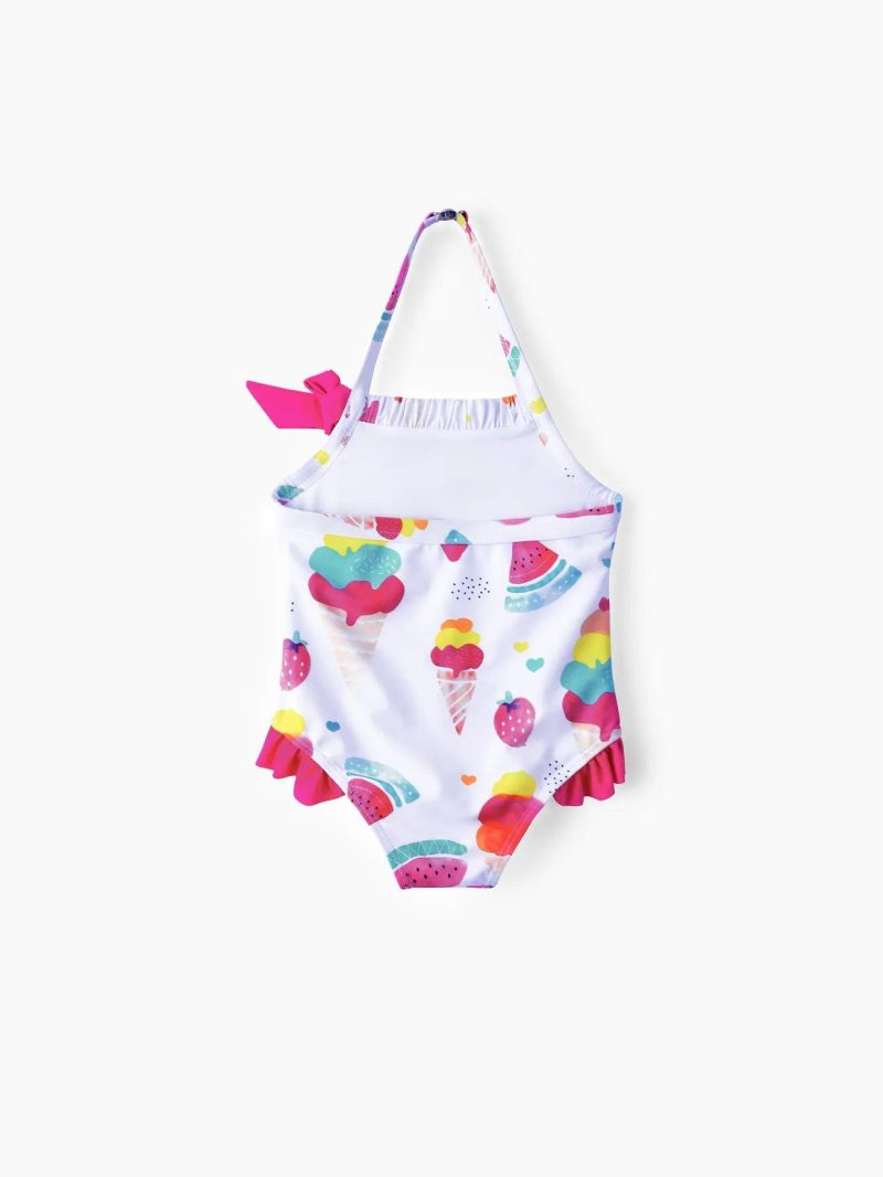 Swimwear | Toddler Girls Food Print Halter Ruffled Swimsuit with Hat Pink