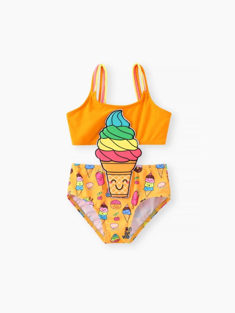 Swimwear | Toddler Girls Hyper-Tactile 3D Print Swimsuit with Ice Cream Accent Yellow