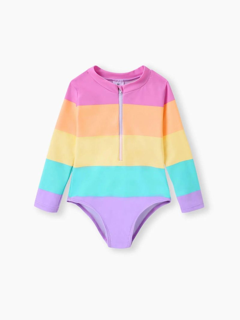 Swimwear | Toddler Girls Rainbow Striped One-Piece Swimsuit with Heart-Shaped Zipper for Girls Multi-Color