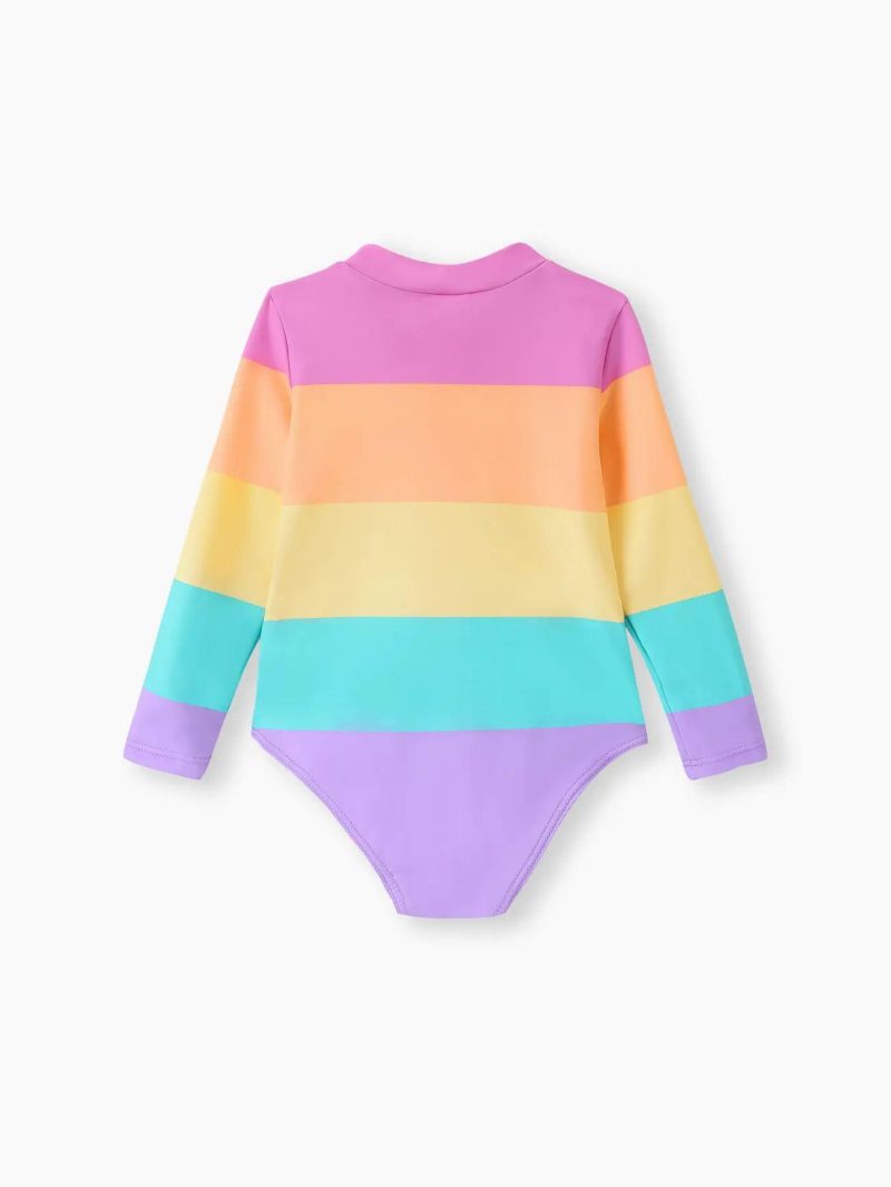 Swimwear | Toddler Girls Rainbow Striped One-Piece Swimsuit with Heart-Shaped Zipper for Girls Multi-Color