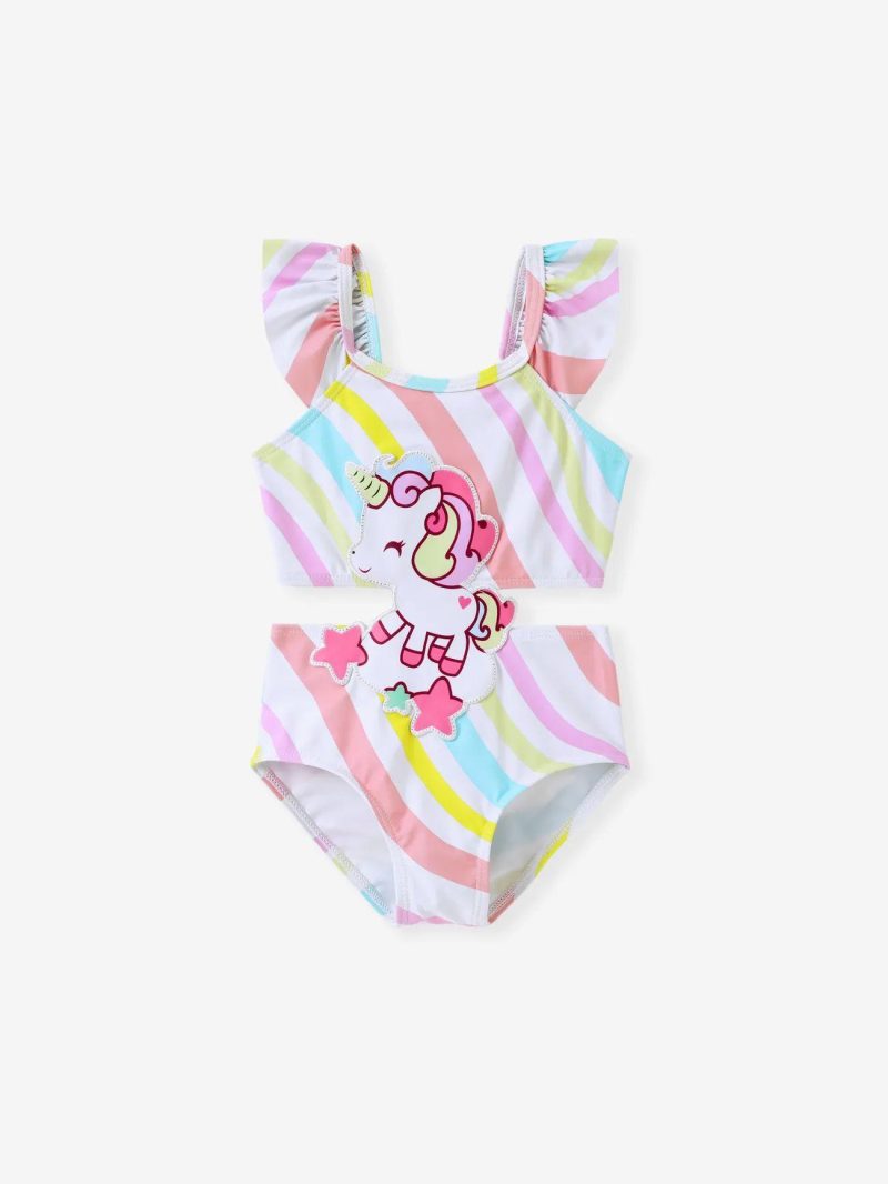 Swimwear | Toddler Girls Unicorn Toddler Swimsuit with Ruffle Edge – Polyester/Spandex Blend Colorful