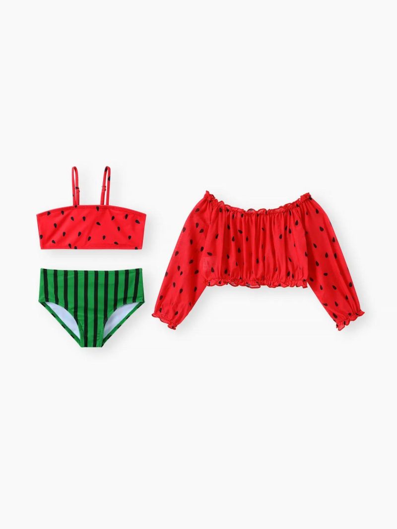 Swimwear | Toddler Girls Watermelon Off-shoulder 3pcs Swimsuit Set Red