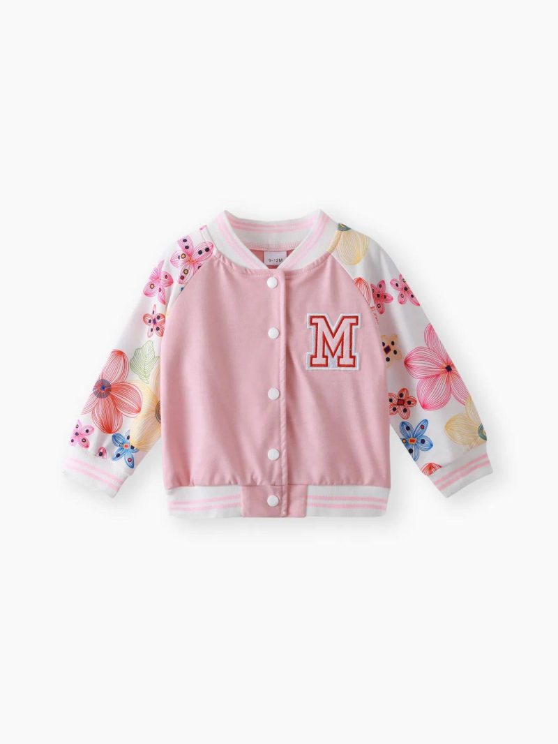 Tops ＆ Outerwear | Baby Girls Floral Print Raglan-sleeve Letter Embroidered Button Front Bomber Jacket Pink