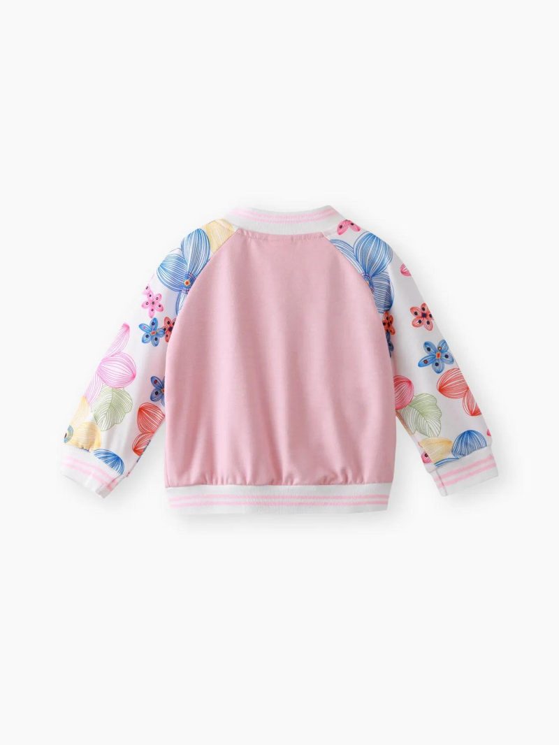 Tops ＆ Outerwear | Baby Girls Floral Print Raglan-sleeve Letter Embroidered Button Front Bomber Jacket Pink