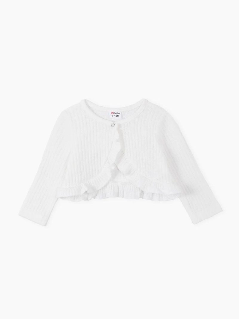 Tops ＆ Outerwear | Baby Girls Solid Rib Knit Ruffle Trim Long-sleeve Cardigan White|Mauve Pink|Darkred