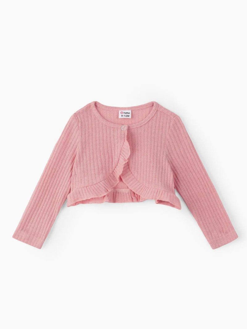 Tops ＆ Outerwear | Baby Girls Solid Rib Knit Ruffle Trim Long-sleeve Cardigan White|Mauve Pink|Darkred