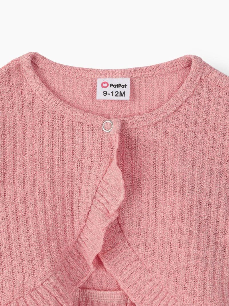 Tops ＆ Outerwear | Baby Girls Solid Rib Knit Ruffle Trim Long-sleeve Cardigan White|Mauve Pink|Darkred