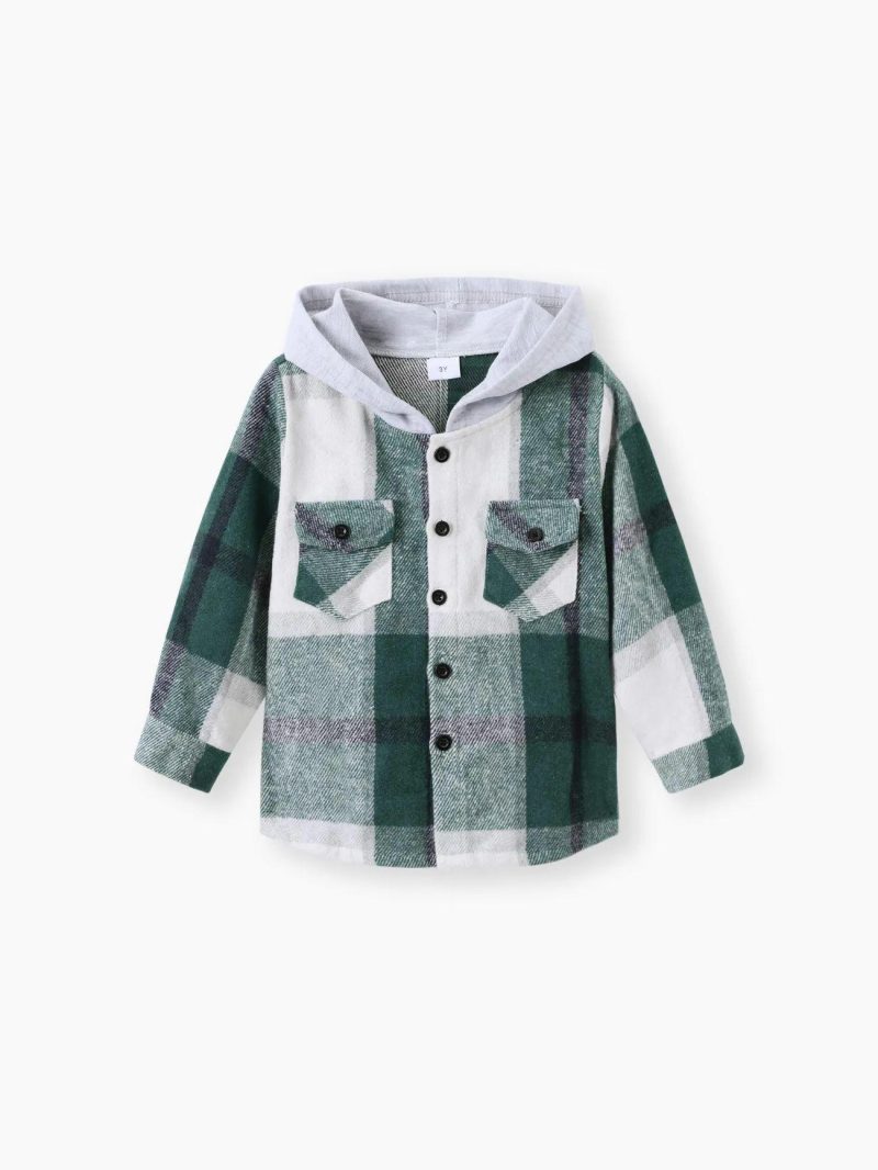 Tops ＆ Outerwear | Toddler Boys 100% Cotton Button Design Plaid Hooded Jacket Green|Blue