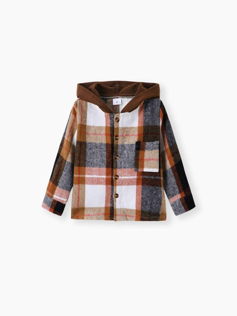 Tops ＆ Outerwear | Toddler Boys Plaid Patch Pocket Button Front Hoodie Brown