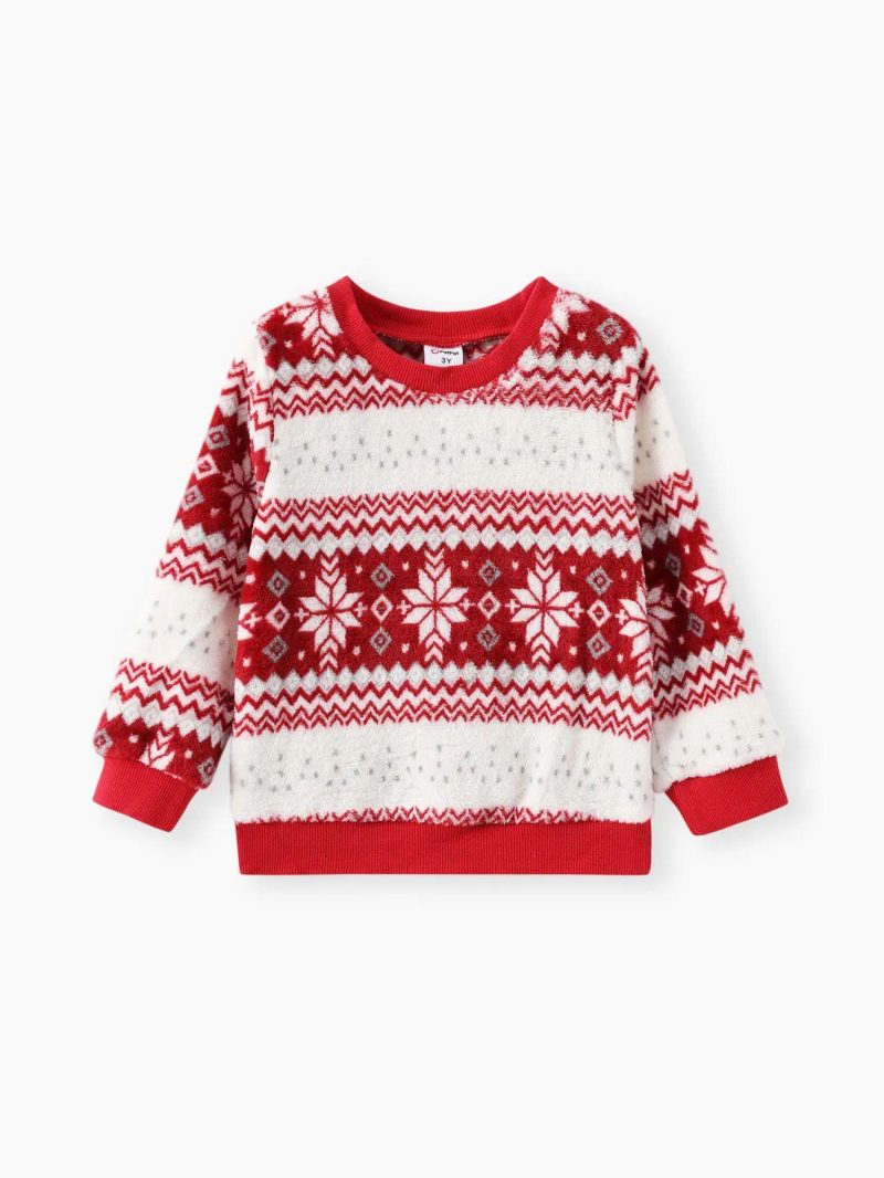 Tops ＆ Outerwear | Toddler Girls|Toddler Boys Preppy style Snowflake Pattern Fleece Pullover Sweatshirt Red|Blueblack