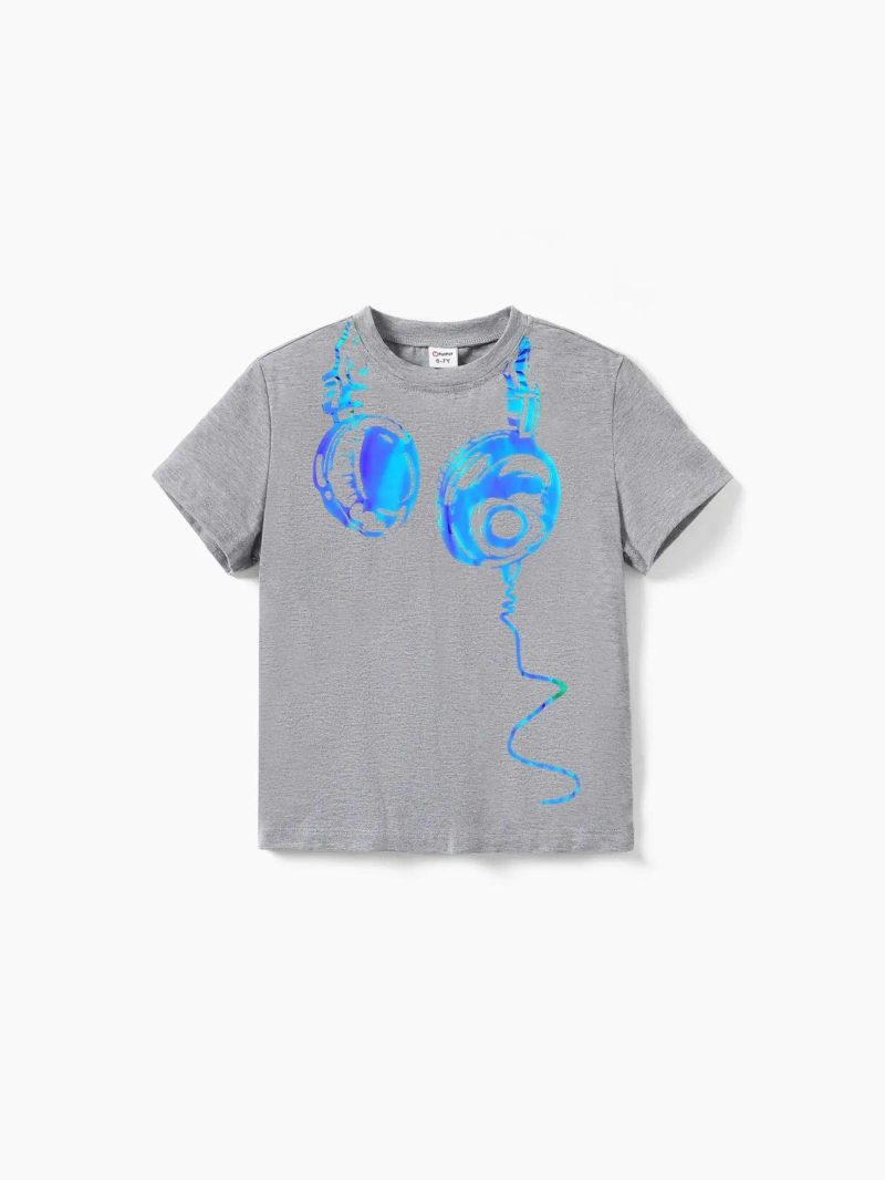 Tops & Outerwear | Boys Headset Pattern Casual Short Sleeve T-Shirt Flecked Grey