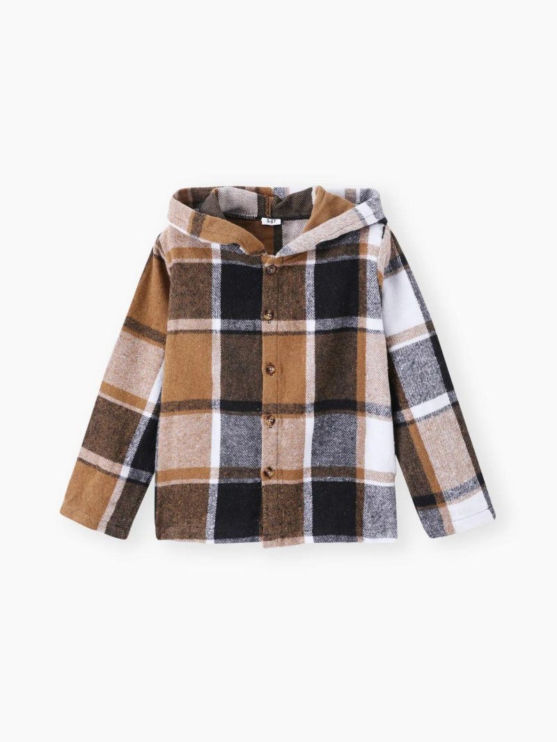 Tops & Outerwear | Boys Hooded Plaid Long sleeves Shirt Jacket Khaki