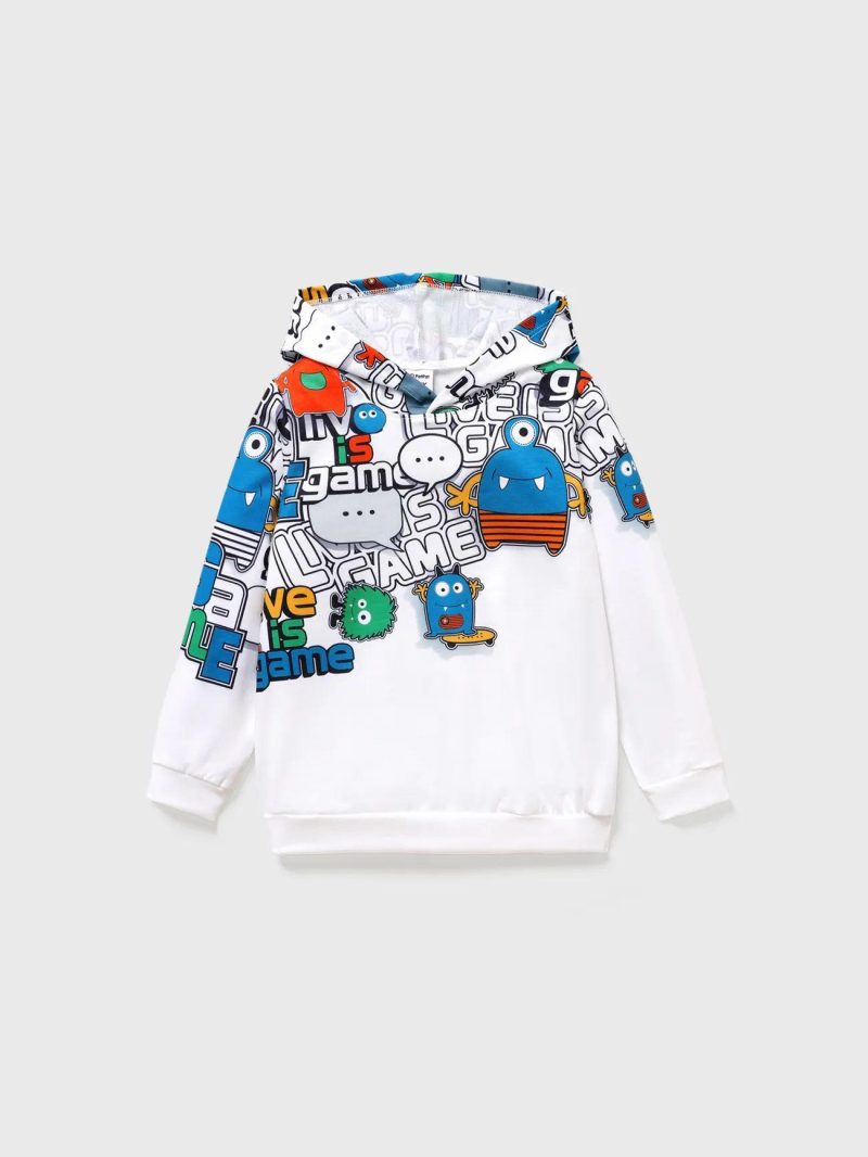 Tops & Outerwear | Boys Letter and Cartoon Hooded Loose Sweatshirt White