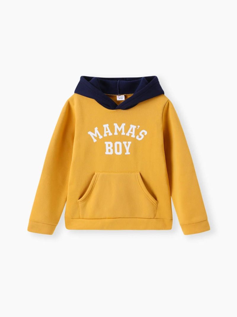 Tops & Outerwear | Boys Letter Print Colorblock Fleece Lined Hoodie Sweatshirt Yellow|Dark Blue