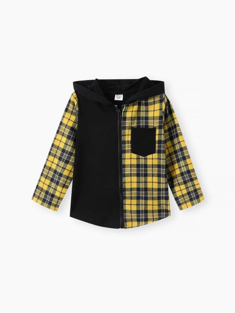 Tops & Outerwear | Boys Plaid Colorblock Zipper Hooded Jacket Yellow|Redblack