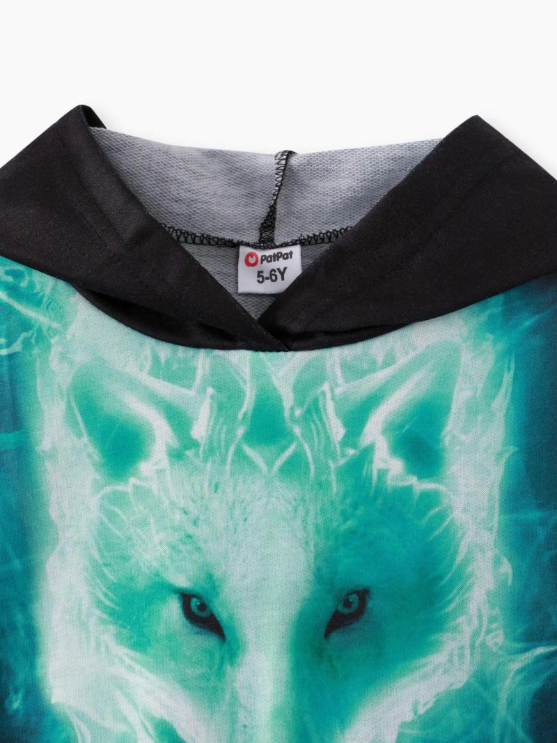 Tops & Outerwear | Boys Trendy Animal Wolf Print Hoodie Sweatshirt Turquoise|Dark Blue