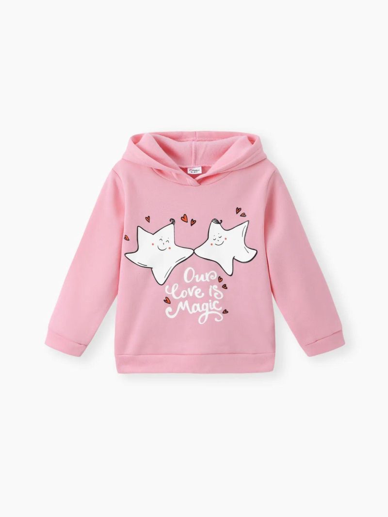 Tops & Outerwear | Girls Letter Stars Print Fleece Lined Hoodie Sweatshirt Pink