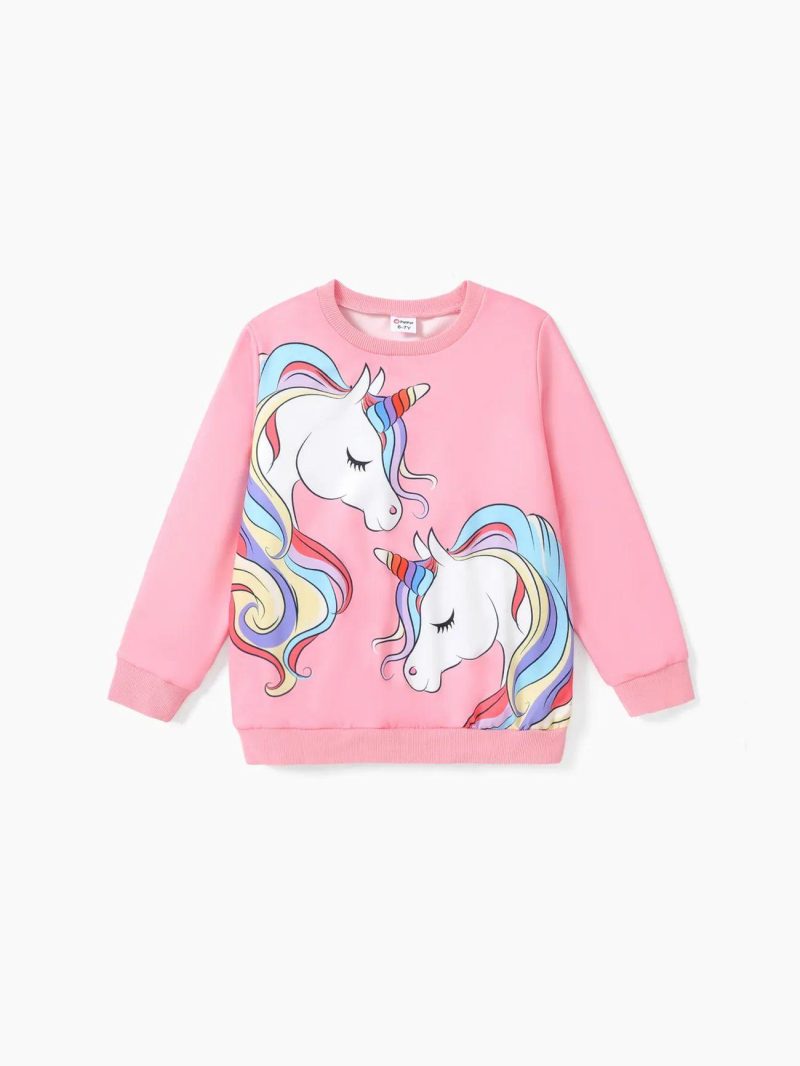 Tops & Outerwear | Girls Unicorn Print Fleece Lined Pink Pullover Sweatshirt Pink-