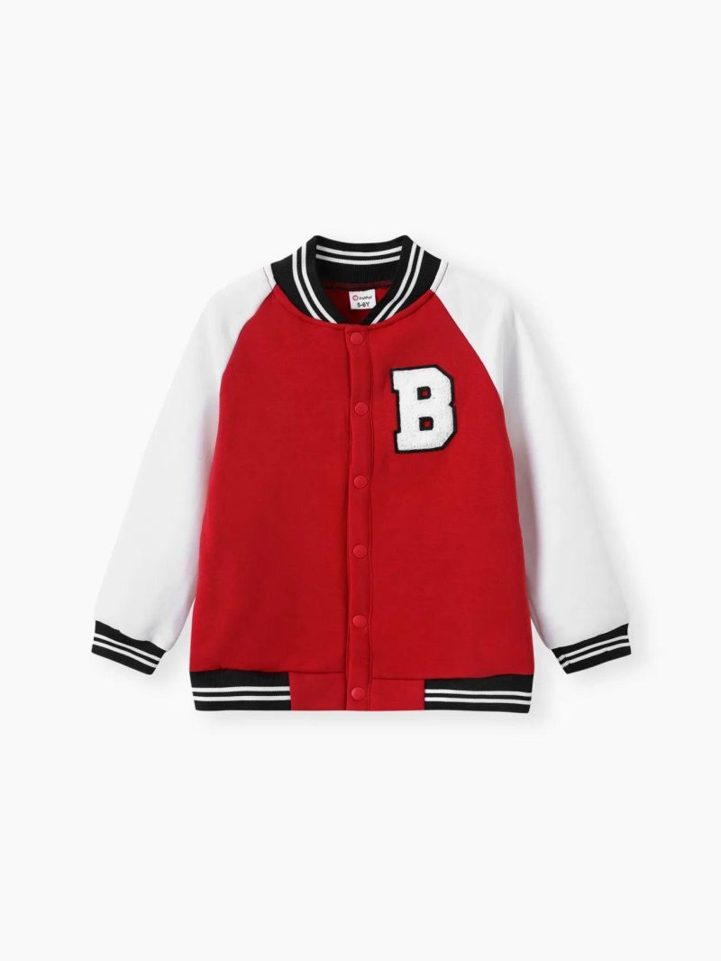 Tops & Outerwear | Girls|Boys Letter Embroidered Striped Button Design Bomber Jacket Red,White