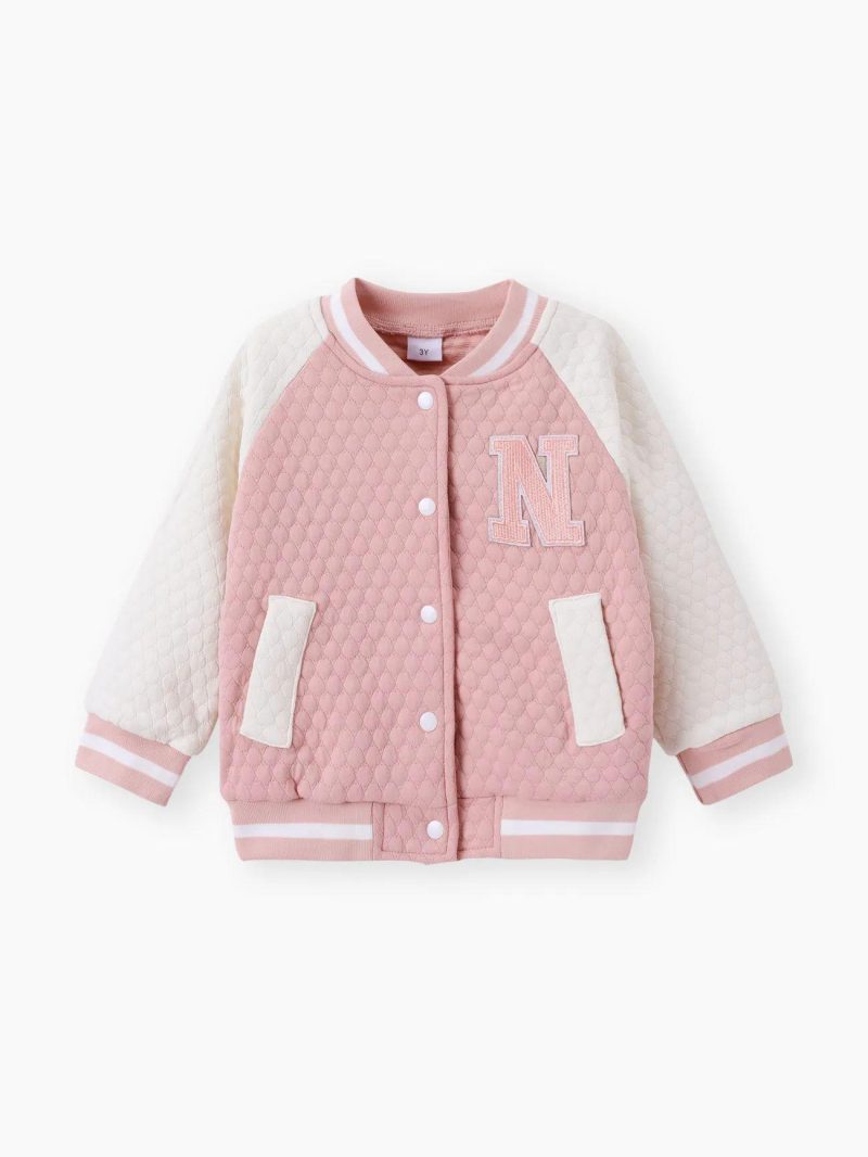 Tops & Outerwear | Toddler Girls 100% Cotton Letter Embroidered Textured Striped Button Design Bomber Jacket Pink