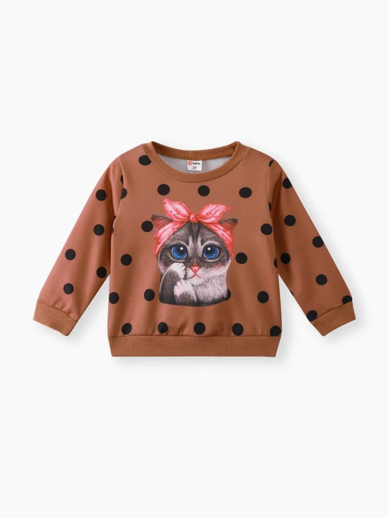 Tops & Outerwear | Toddler Girls Animal Cat Print Polka dots Brown Pullover Sweatshirt Brown