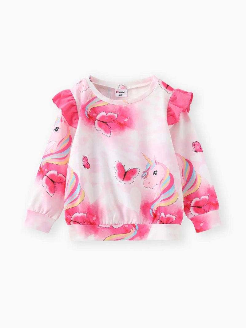 Tops & Outerwear | Toddler Girls Animal Unicorn Butterfly Print Ruffled Pink Pullover Sweat Pink