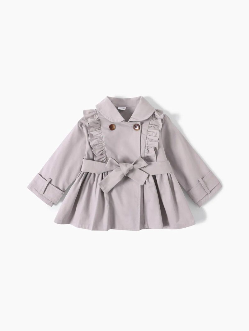 Tops & Outerwear | Toddler Girls Doll Collar Ruffled Double Breasted Belted Trench Coat Light Grey|Dark Green