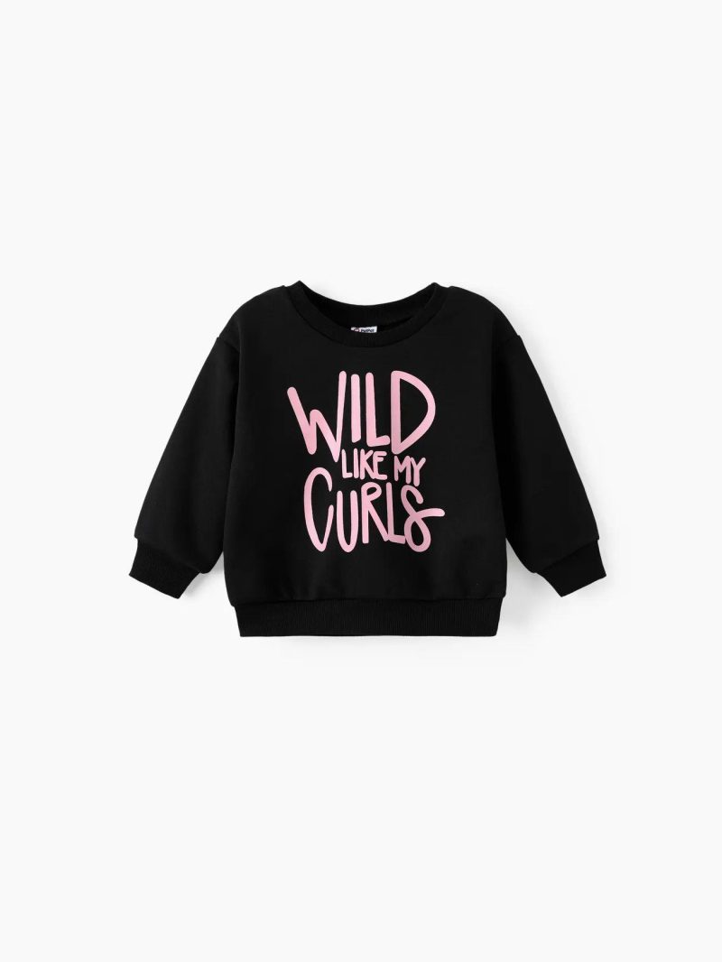 Tops & Outerwear | Toddler Girls Letter Print Casual Black Pullover Sweatshirt Black