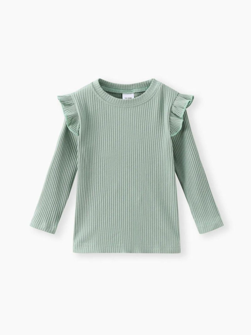 Tops & Outerwear | Toddler Girls Ruffled Casual Solid Ribbed Long-sleeve Top Light Green|Pink|Ginger|Black