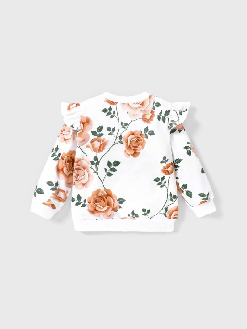 Tops & Outerwear | Toddler Girls Ruffled Floral Print Pullover Sweatshirt White|Yellowbrown