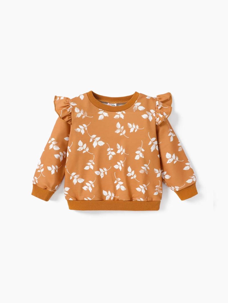 Tops & Outerwear | Toddler Girls Ruffled Floral Print Pullover Sweatshirt White|Yellowbrown