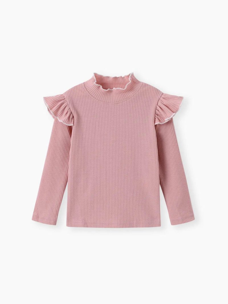 Tops & Outerwear | Toddler Girls Solid Color Ruffled Mock Neck Ribbed Long-sleeve Tee Pink|Apricot|Brown|Royalblue