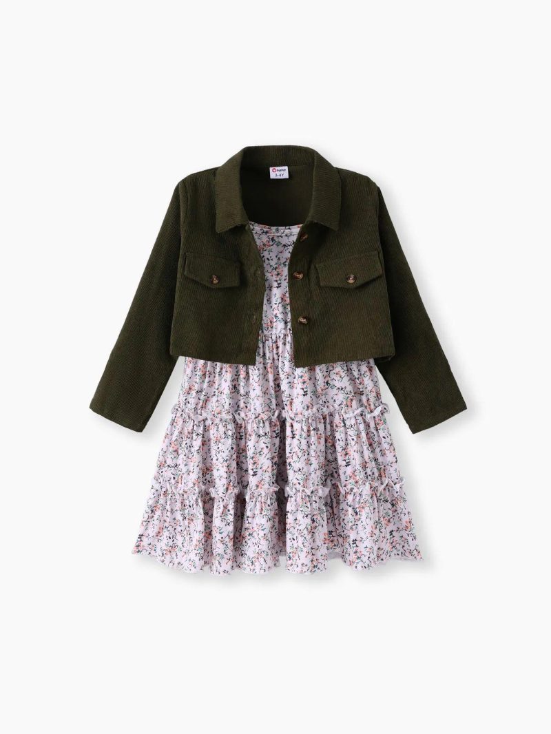 Dresses | Toddler Girls 2pcs Buttons Front Long-sleeve Jacket and Allover Floral Print Ruffle Slip Dress Set Army Green|Khaki