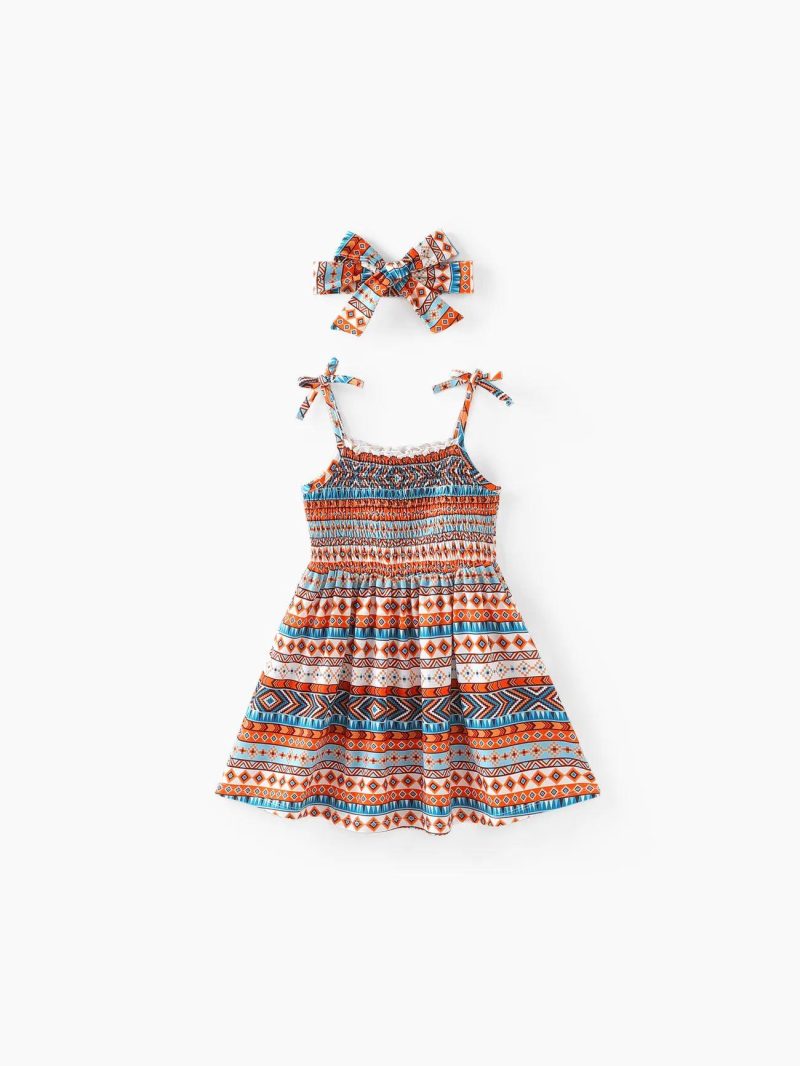 Dresses | Toddler Girls 2pcs Ethnic Geometric Print Smocked Cami Dress with Headband Multicolour-1