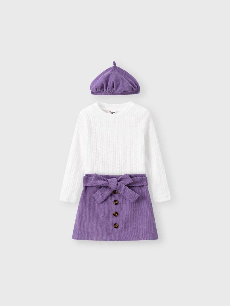 Dresses | Toddler Girls 3pcs Cable Knit Top & Belted Skirt & Hat Set  Purple