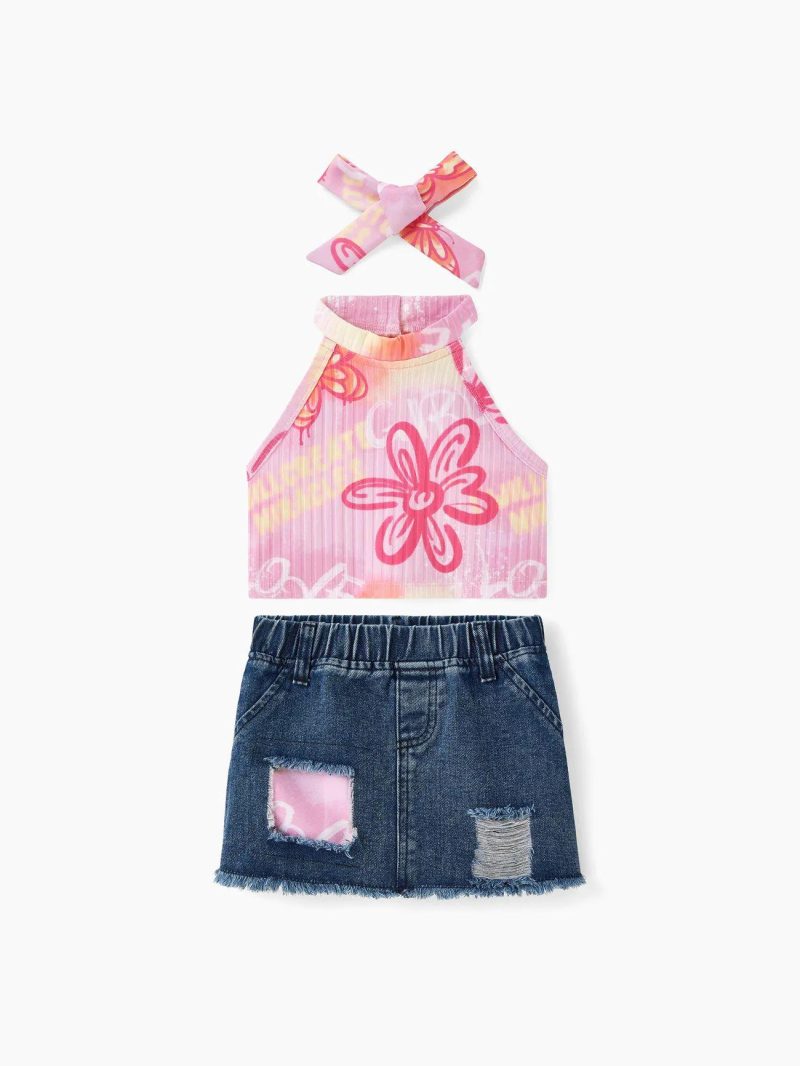 Dresses | Toddler Girls 3pcs Tie-dye Print Halterneck Camisole and Ripped Denim Shorts with Belt Set Pink-