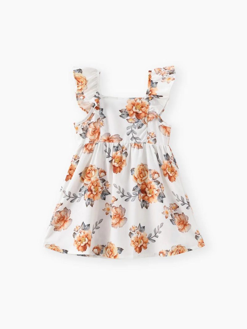 Dresses | Toddler Girls Button Design Solid Color/Floral Print/Stripe Ruffled Strap Dress White|Khaki|Yellowbrown