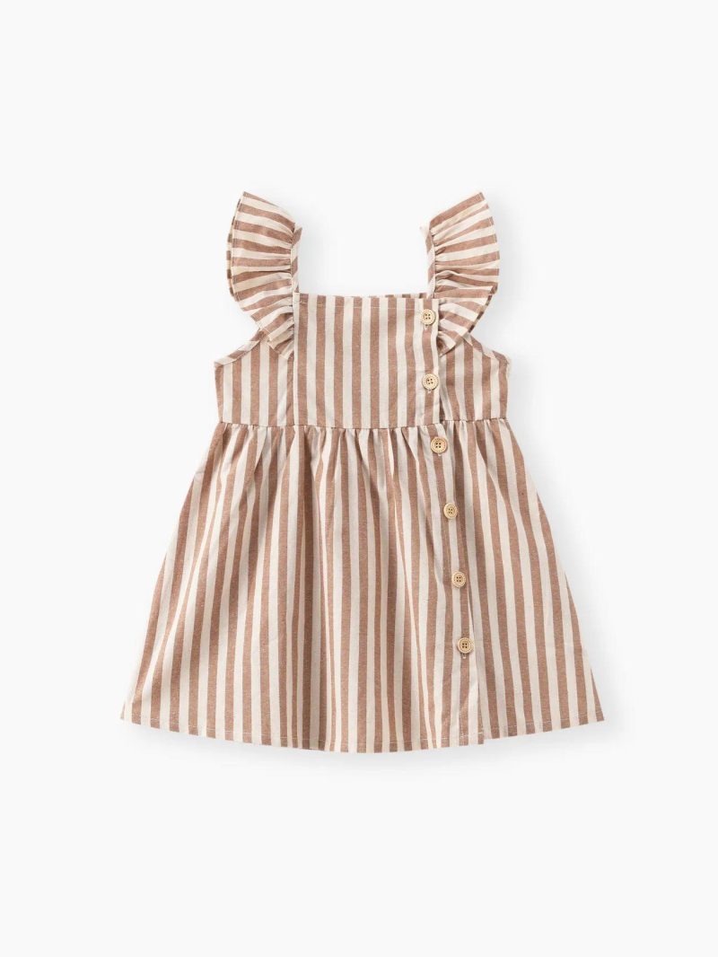 Dresses | Toddler Girls Button Design Solid Color/Floral Print/Stripe Ruffled Strap Dress White|Khaki|Yellowbrown