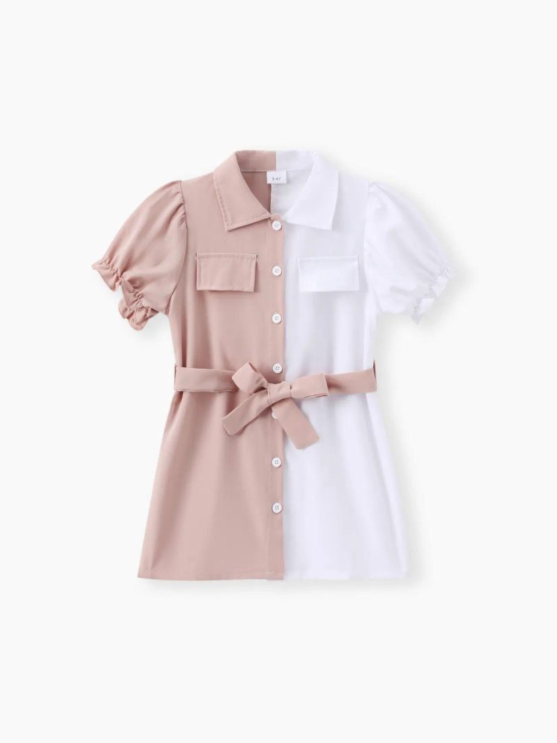 Dresses | Toddler Girls Elegant Lapel Collar Colorblock Belted Dress Khaki|Purple|Pinkywhite