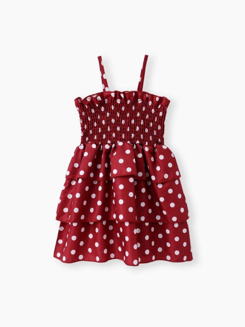 Dresses | Toddler Girls Polka Dots Layered Smocked Slip Dress Burgundy