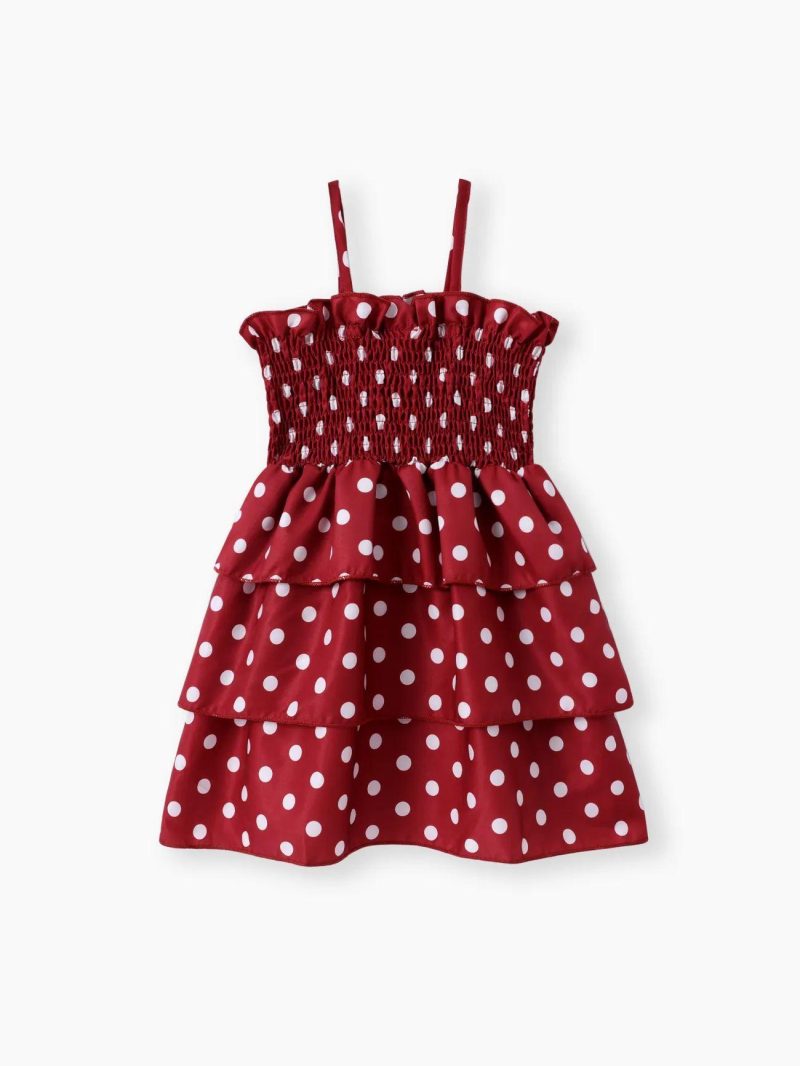 Dresses | Toddler Girls Polka Dots Layered Smocked Slip Dress Burgundy